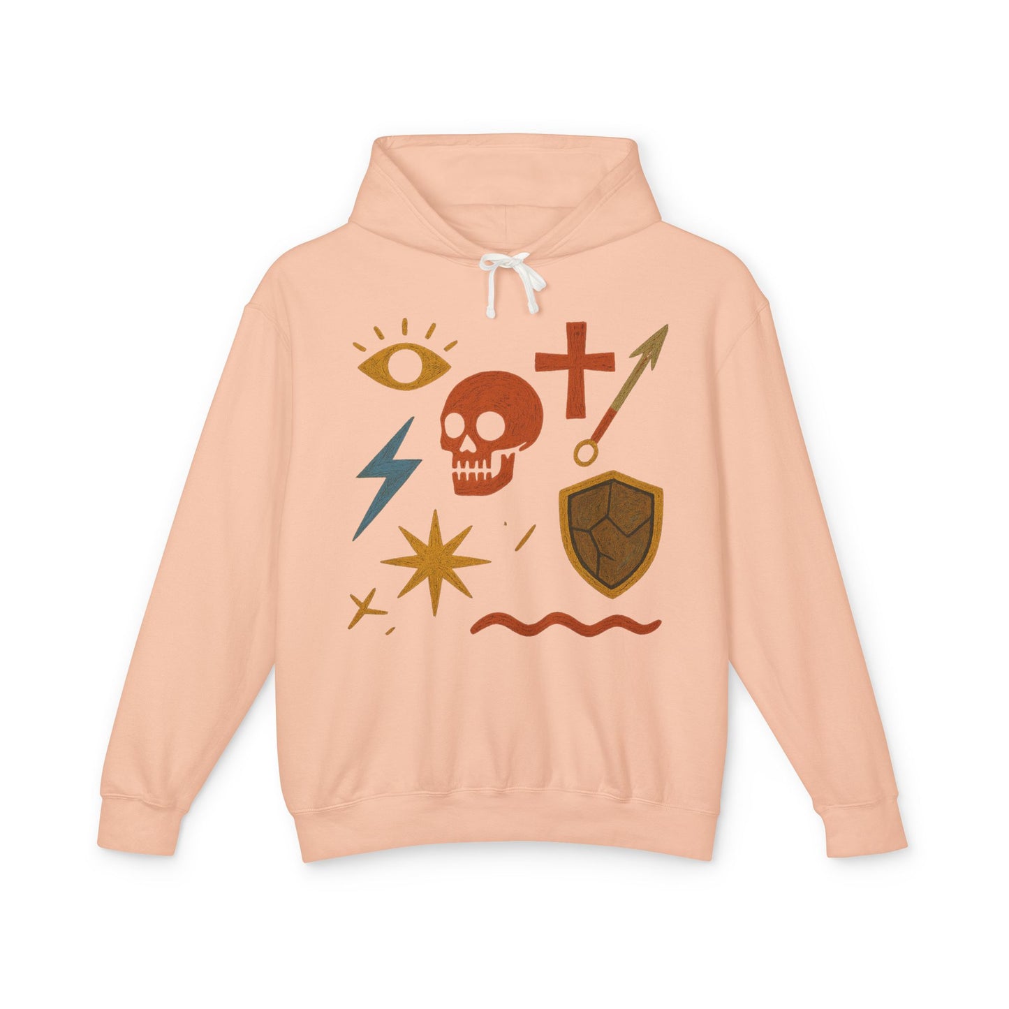 Mystic Adventure Hoodie — Skull, Shield & Symbol Graphic Pullover