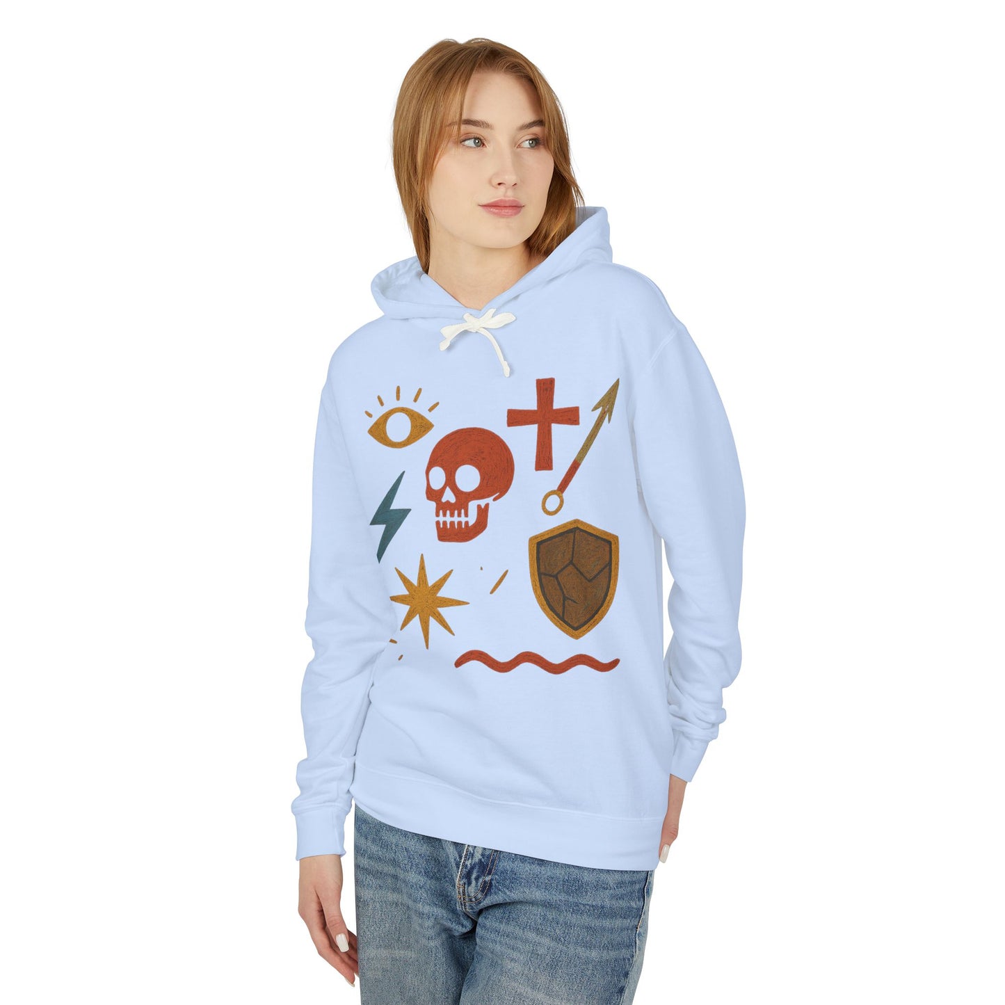 Mystic Adventure Hoodie — Skull, Shield & Symbol Graphic Pullover