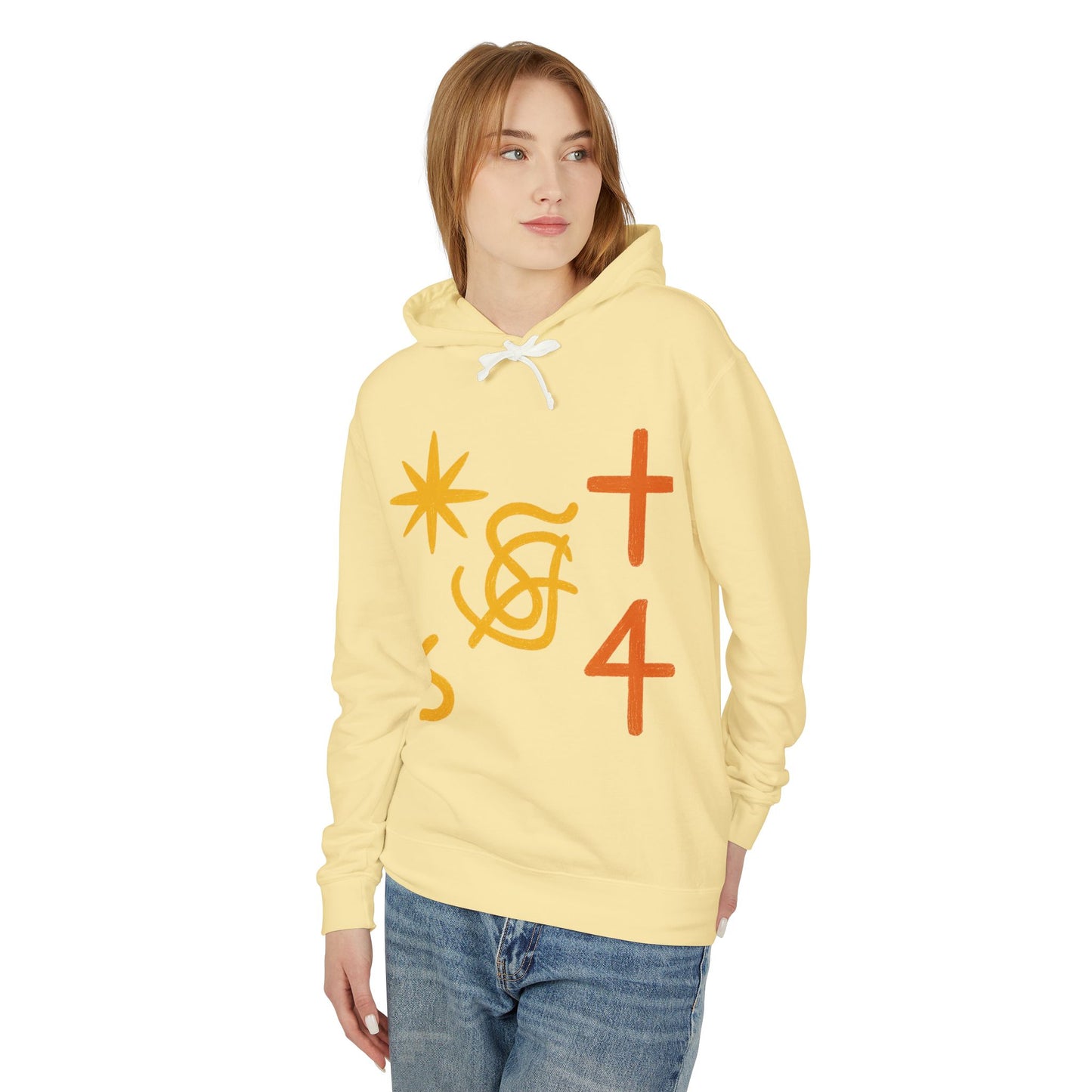 Abstract Symbols Hoodie — Minimalist Sun, Cross & '4' Graphic Lightweight Hooded Sweatshirt