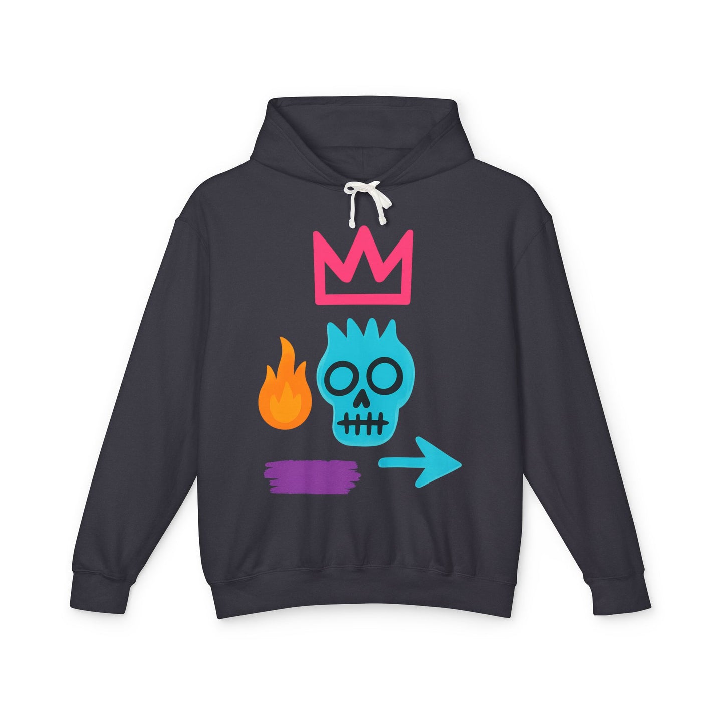 Street Art Skull Hoodie — Retro Neon Graphic Crown & Flame Pullover