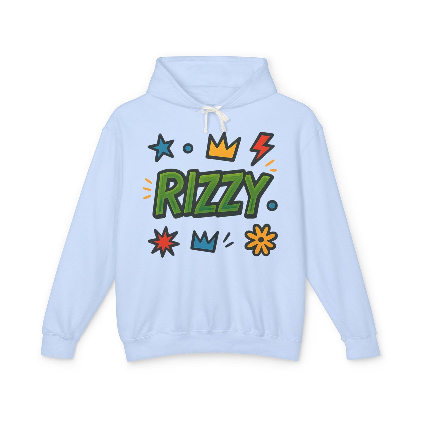 Rizzy Cartoon Graphic Hoodie — Playful Crown & Stars Pullover