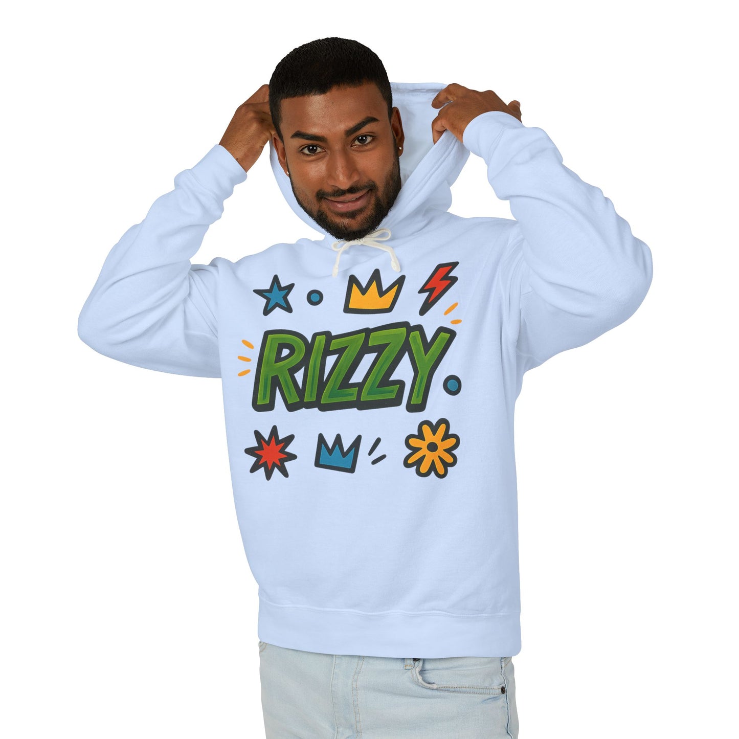 Rizzy Cartoon Graphic Hoodie — Playful Crown & Stars Pullover