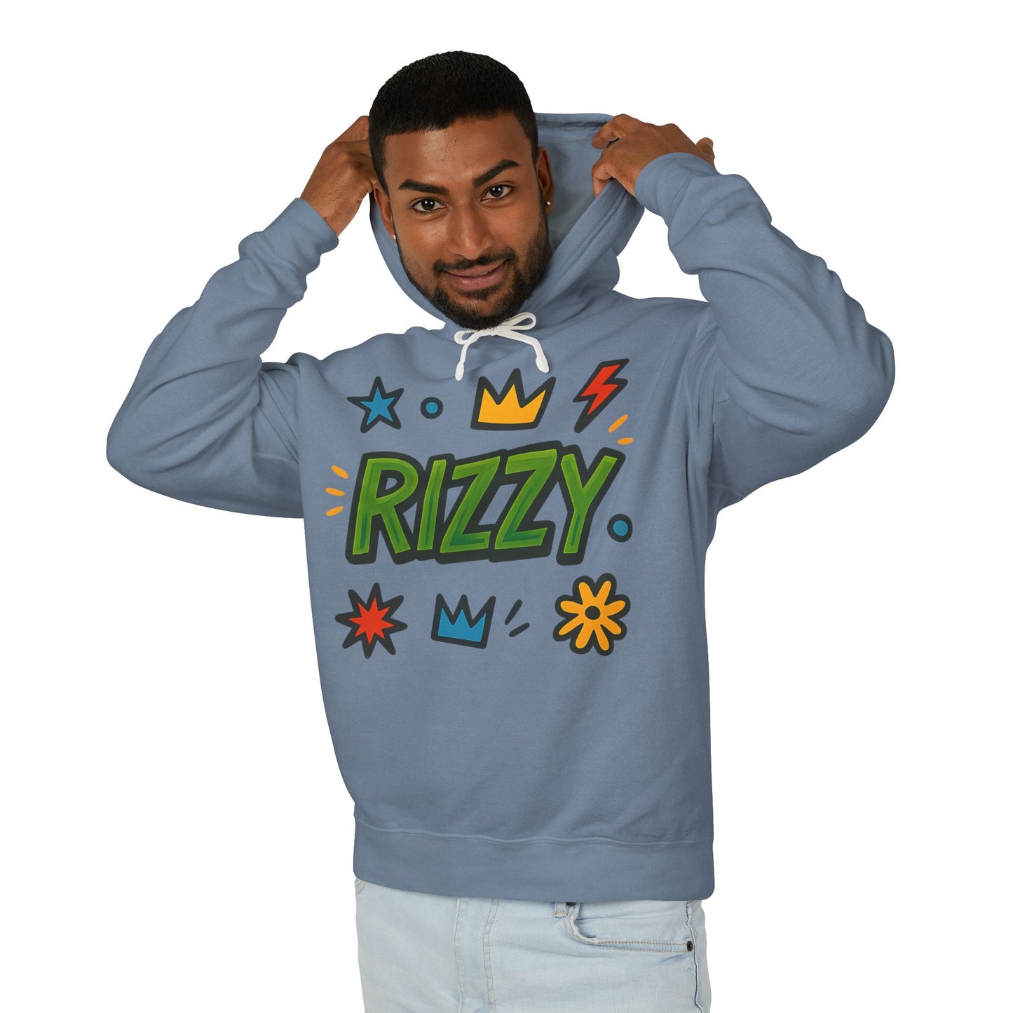 Rizzy Cartoon Graphic Hoodie — Playful Crown & Stars Pullover