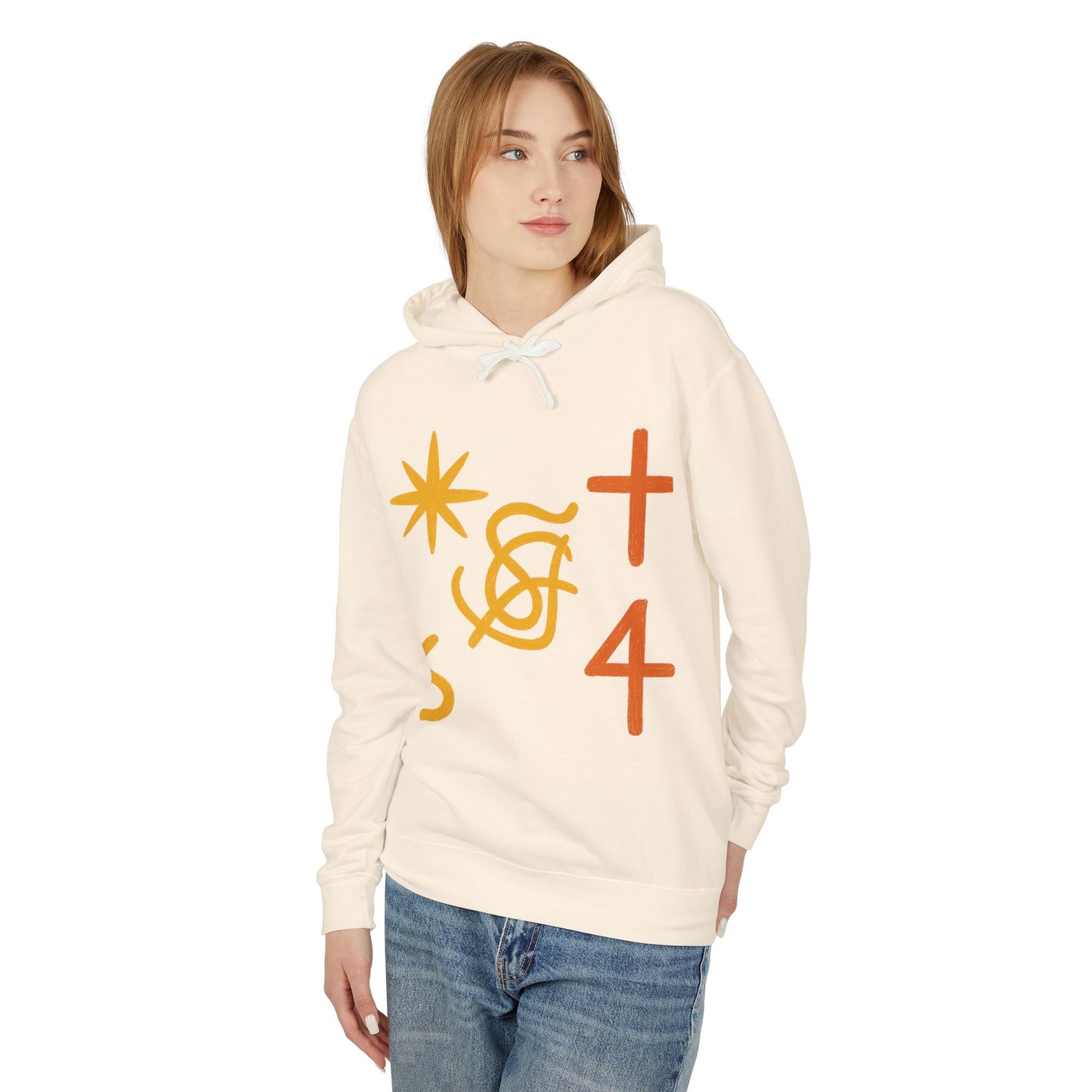 Abstract Symbols Hoodie — Minimalist Sun, Cross & '4' Graphic Lightweight Hooded Sweatshirt