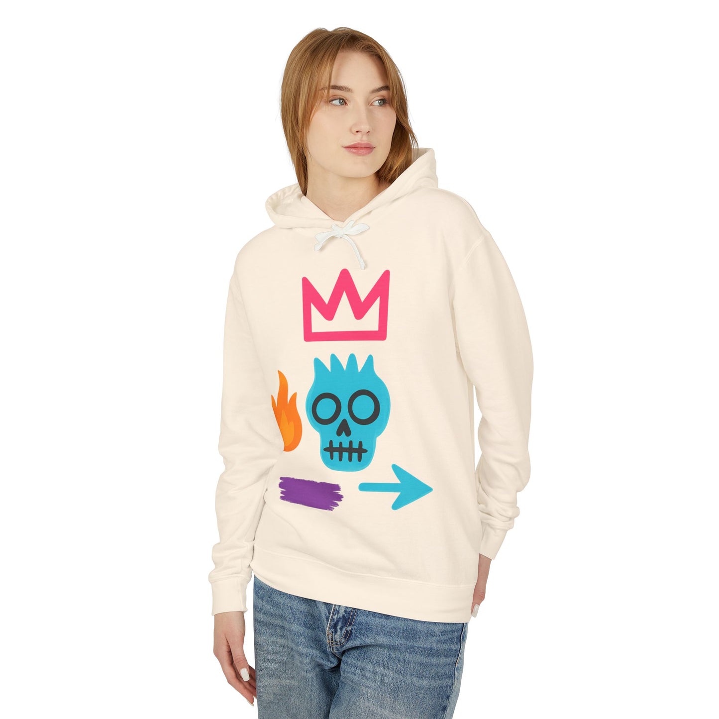 Street Art Skull Hoodie — Retro Neon Graphic Crown & Flame Pullover