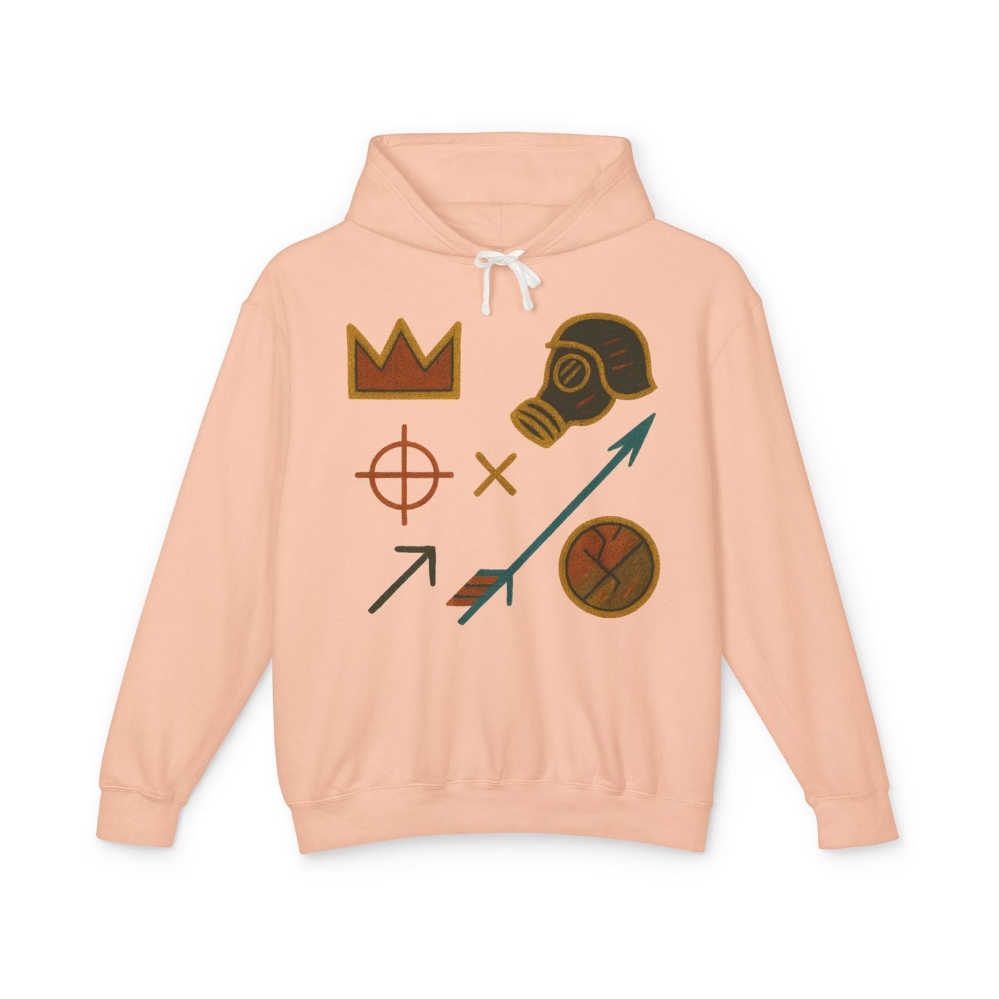 Adventure Emblems Hoodie — Tribal Crown, Gas Mask & Arrow Graphic Sweatshirt