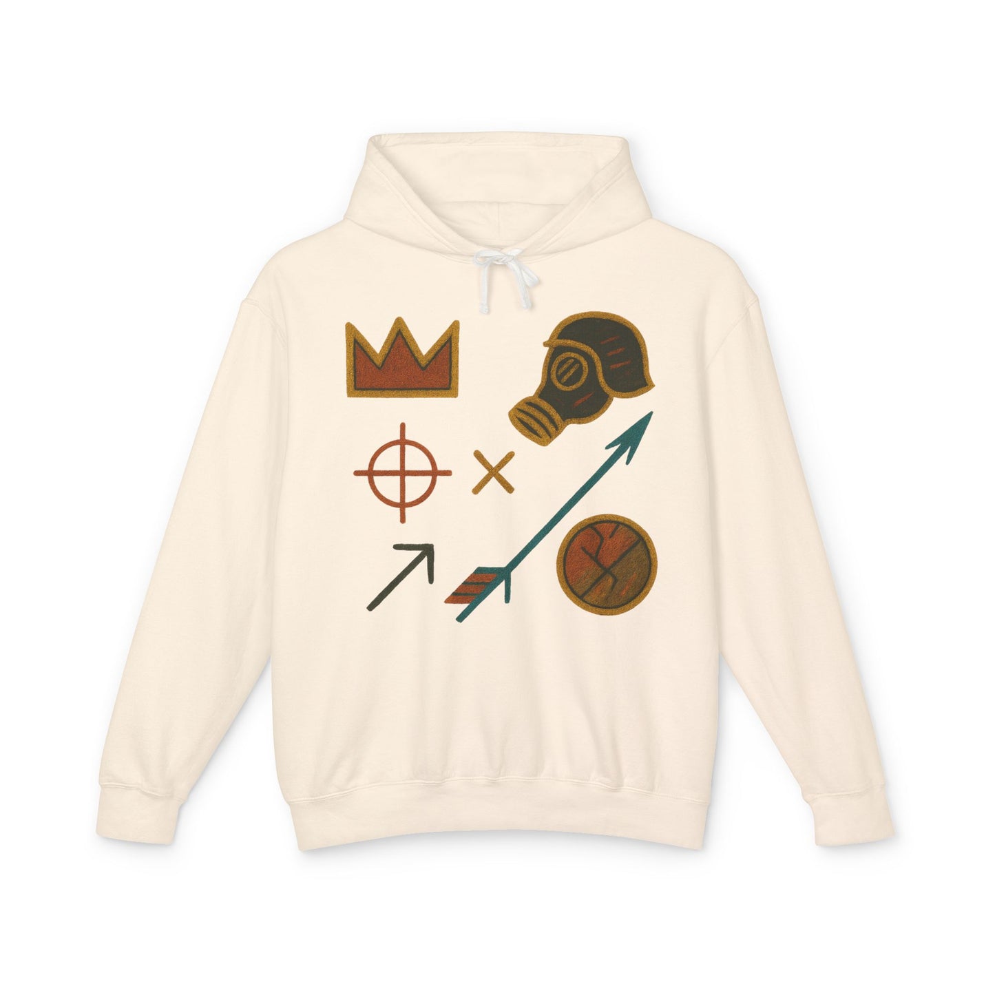 Adventure Emblems Hoodie — Tribal Crown, Gas Mask & Arrow Graphic Sweatshirt