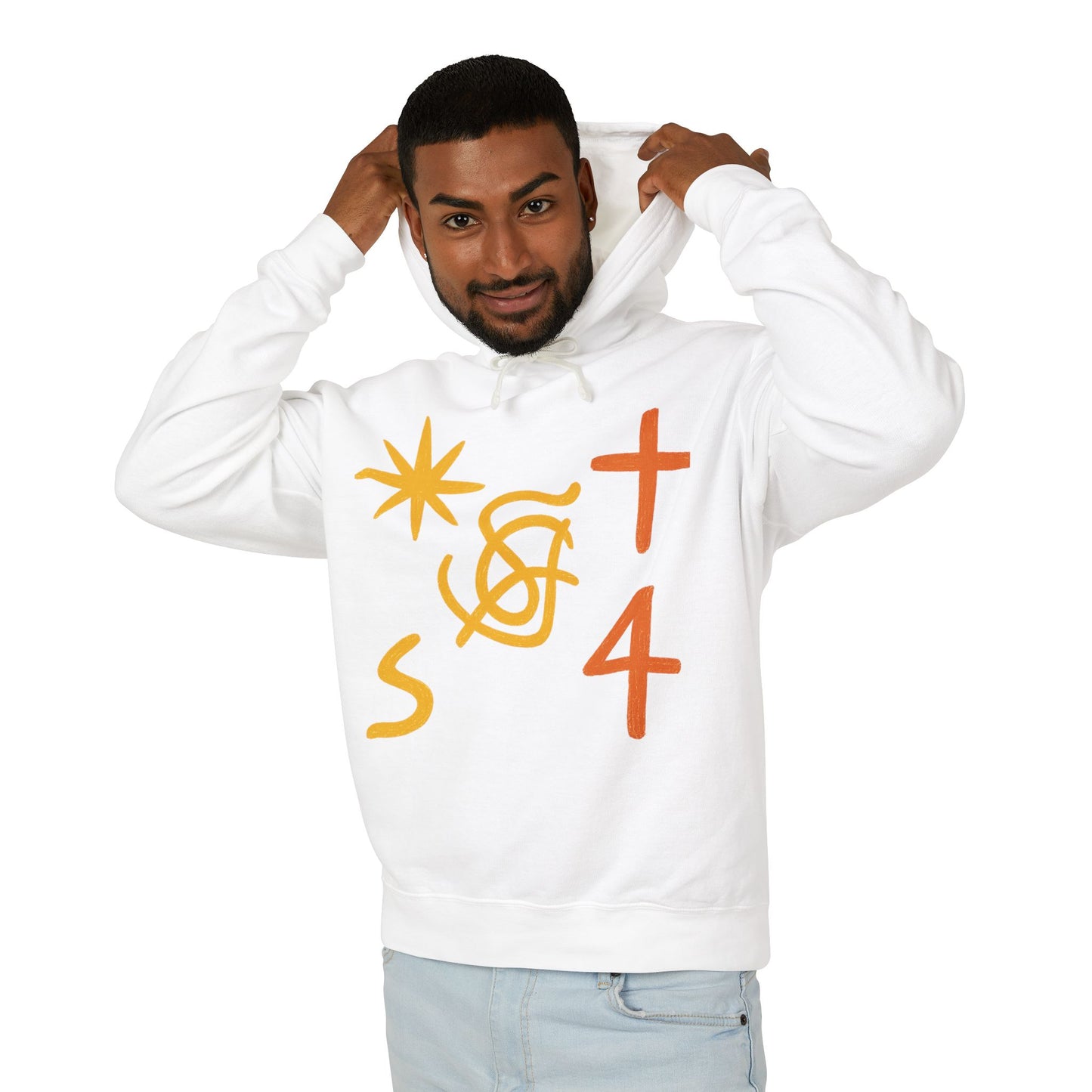 Abstract Symbols Hoodie — Minimalist Sun, Cross & '4' Graphic Lightweight Hooded Sweatshirt