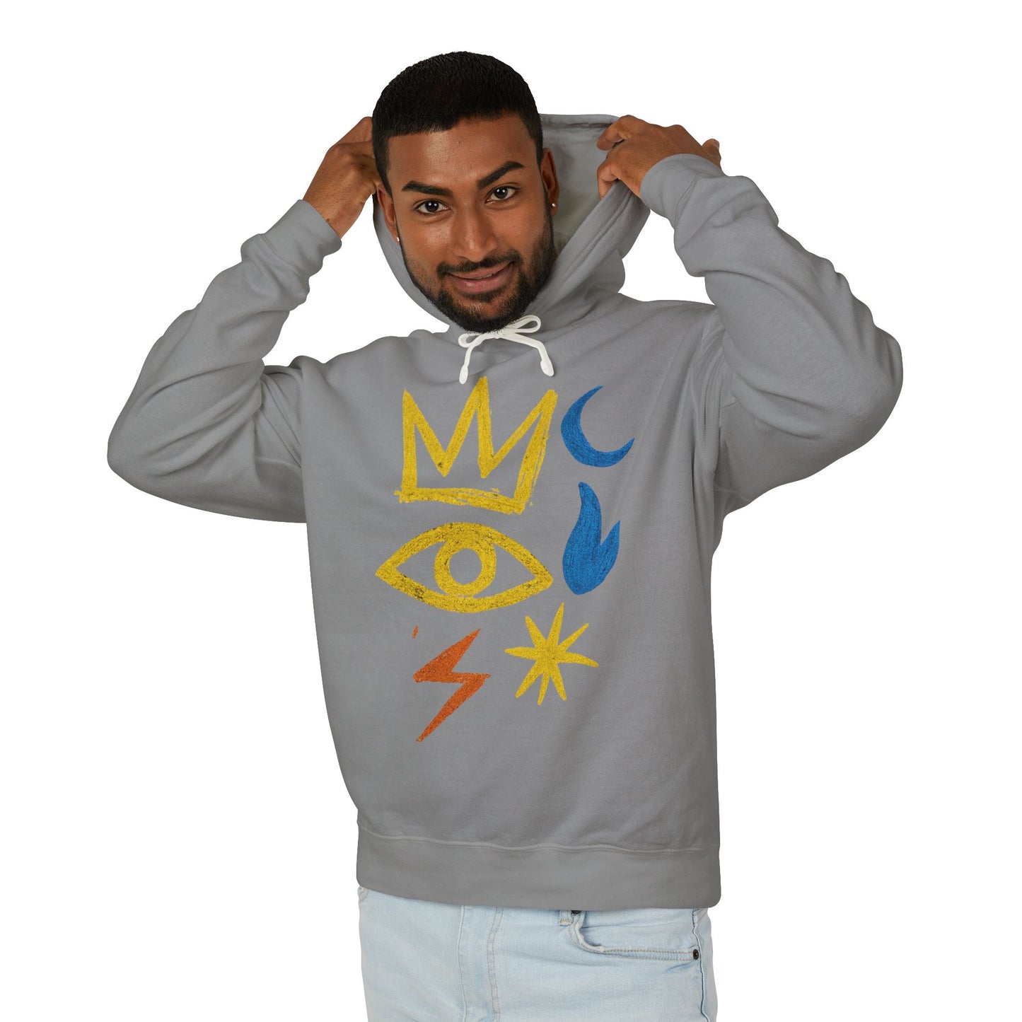 Mystic Symbols Hoodie — Crown, Eye & Celestial Icons Lightweight Pullover