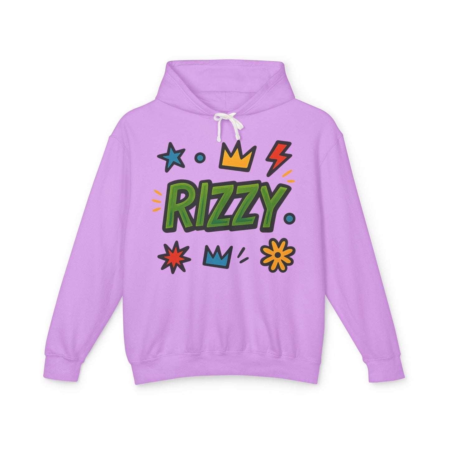 Rizzy Cartoon Graphic Hoodie — Playful Crown & Stars Pullover