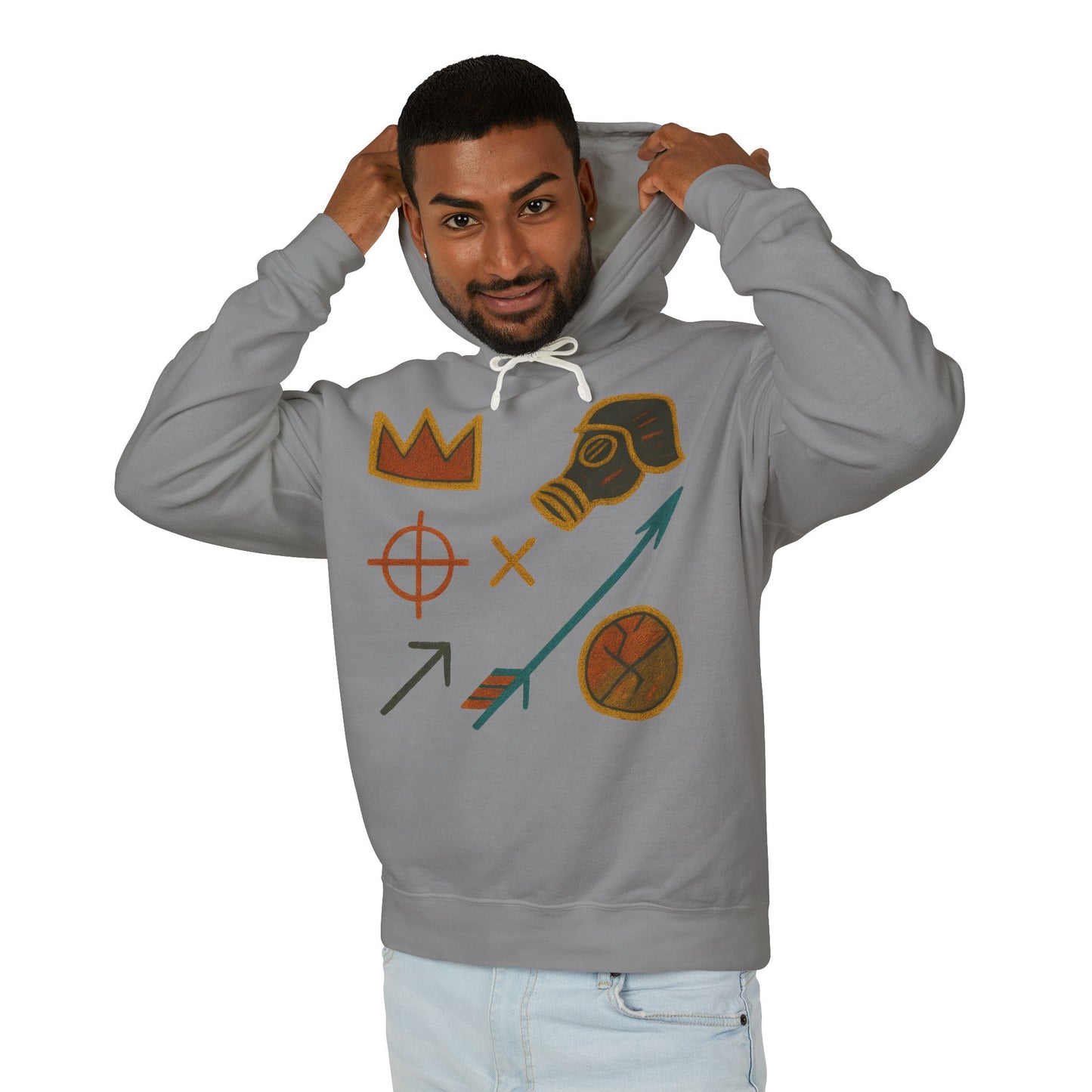 Adventure Emblems Hoodie — Tribal Crown, Gas Mask & Arrow Graphic Sweatshirt