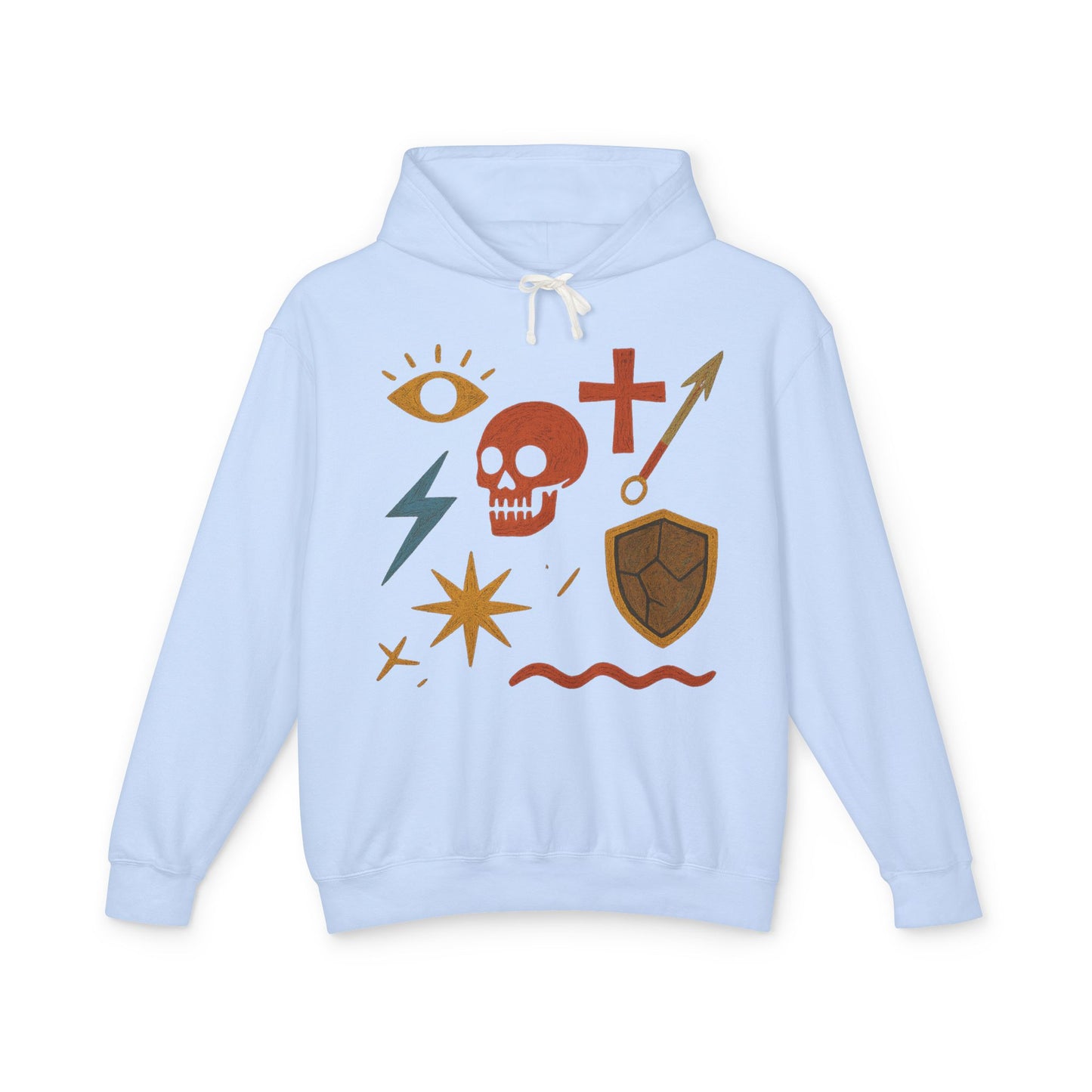 Mystic Adventure Hoodie — Skull, Shield & Symbol Graphic Pullover
