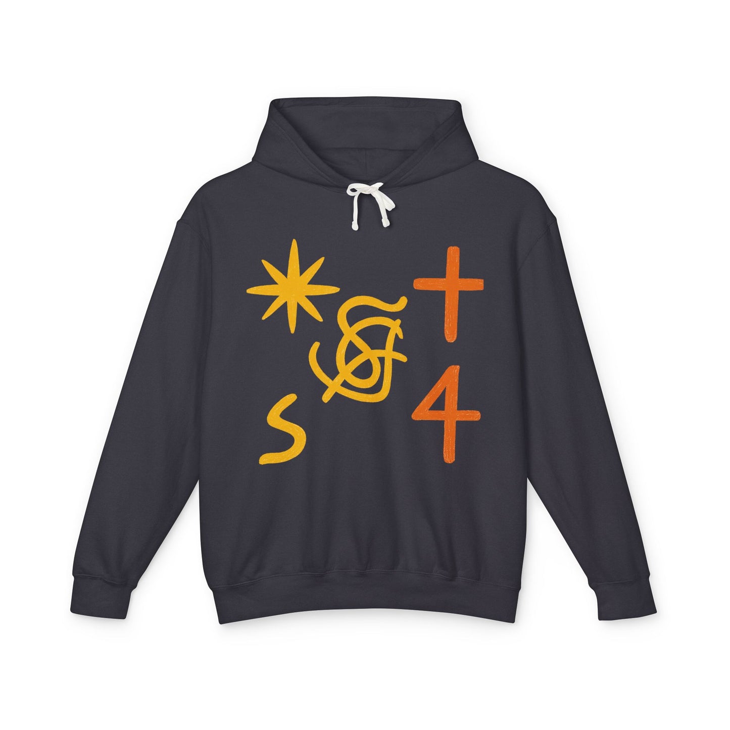 Abstract Symbols Hoodie — Minimalist Sun, Cross & '4' Graphic Lightweight Hooded Sweatshirt