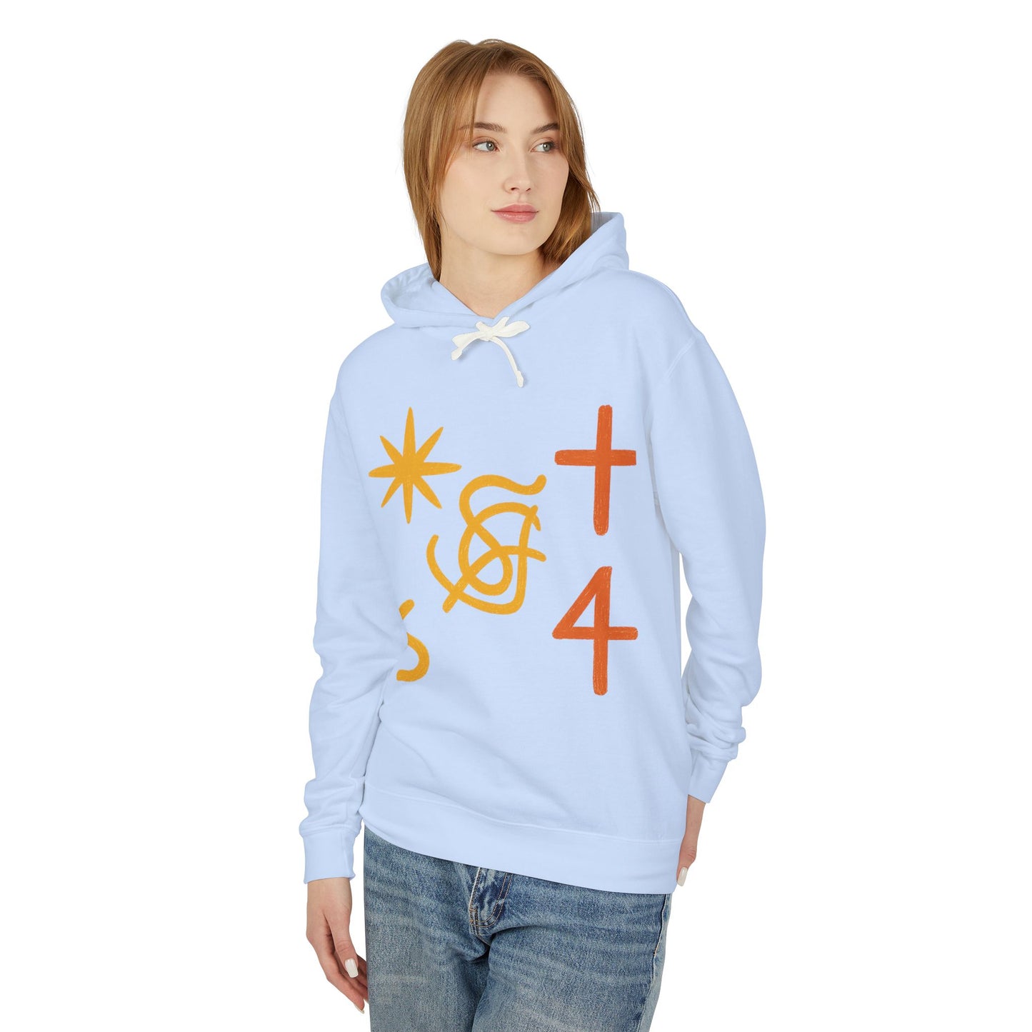 Abstract Symbols Hoodie — Minimalist Sun, Cross & '4' Graphic Lightweight Hooded Sweatshirt