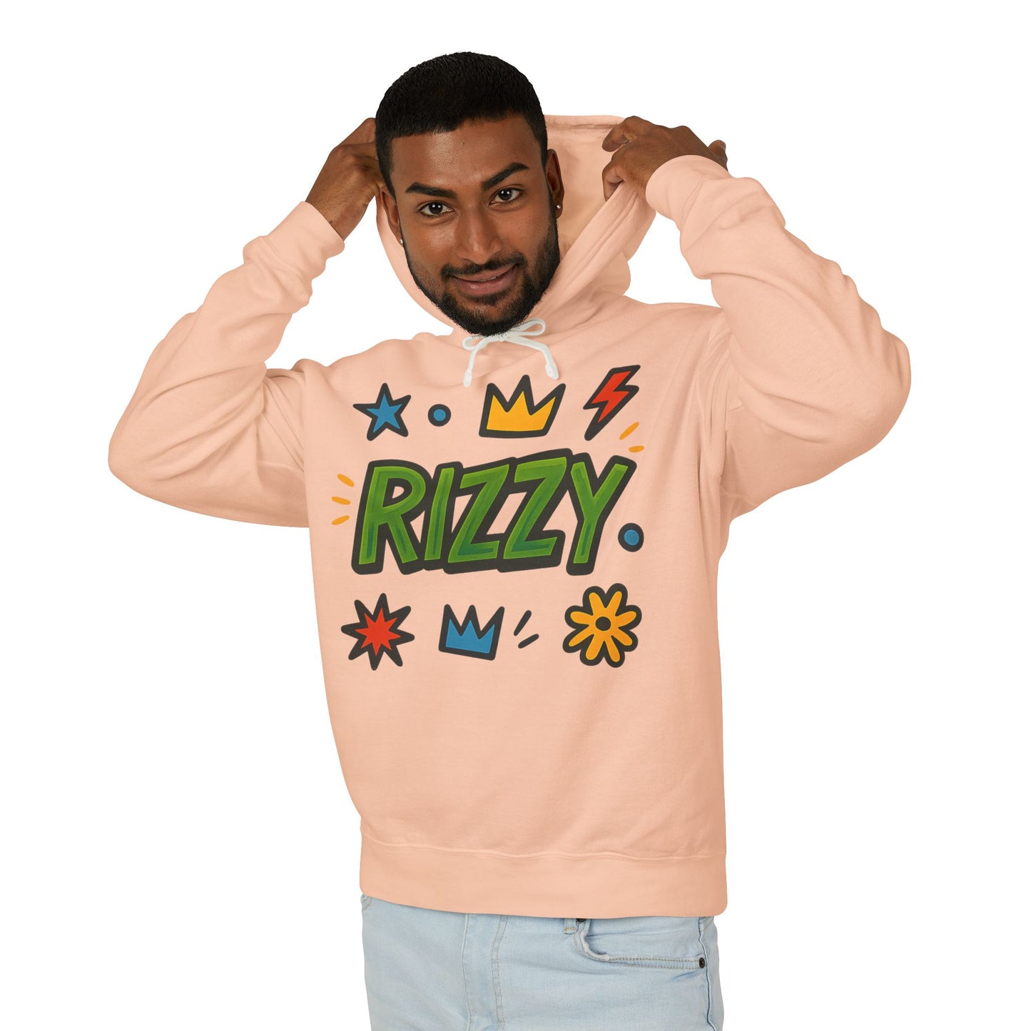 Rizzy Cartoon Graphic Hoodie — Playful Crown & Stars Pullover